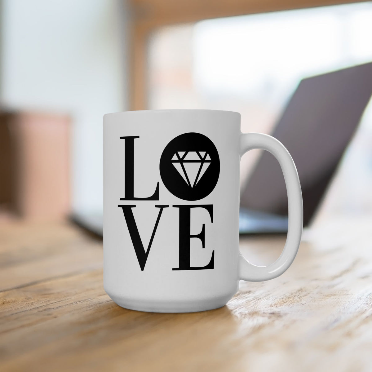 Glossy white 15oz ceramic mug with the Gemstone LOVE design, additional view