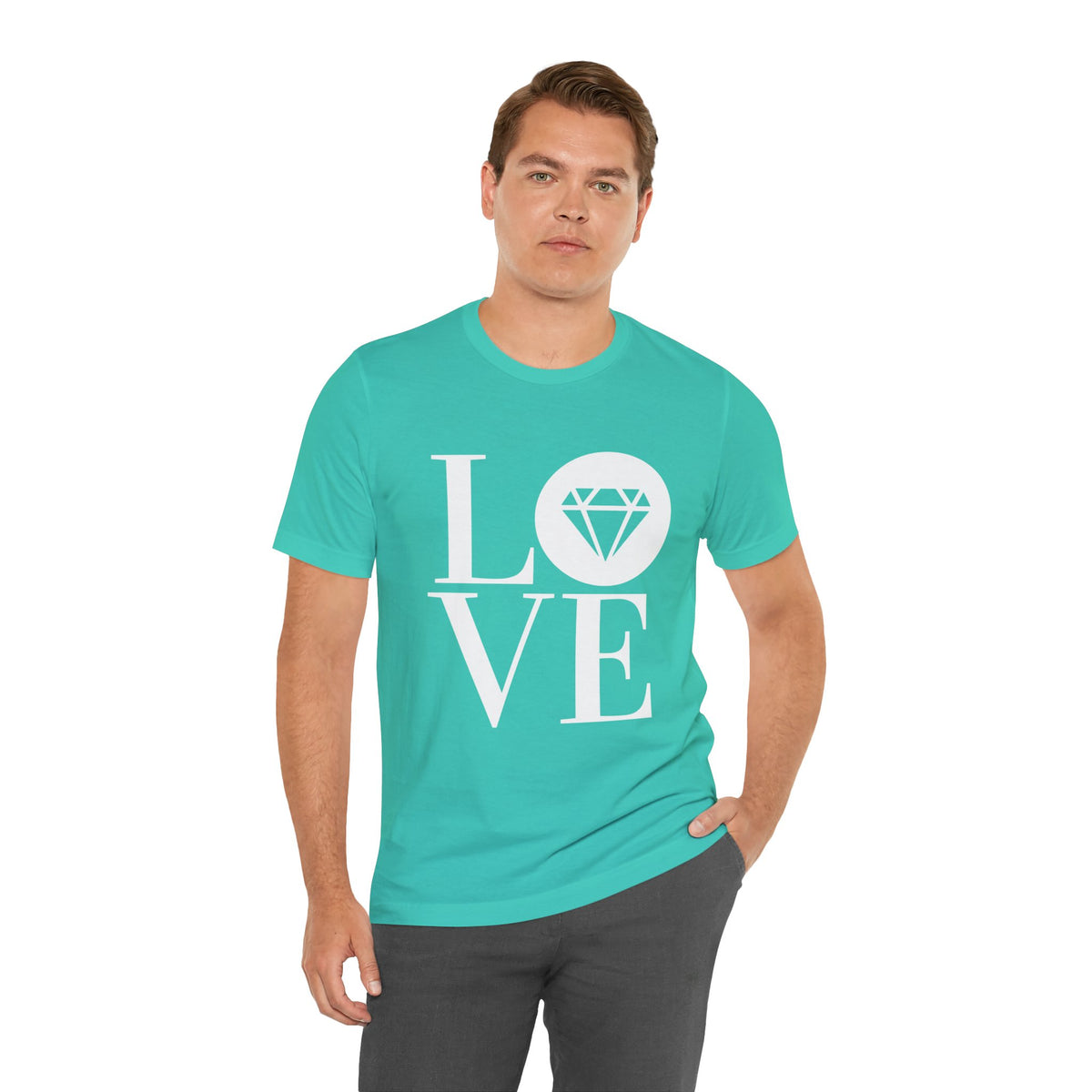Unisex jersey graphic tee with the Gemstone LOVE design, additional color or view