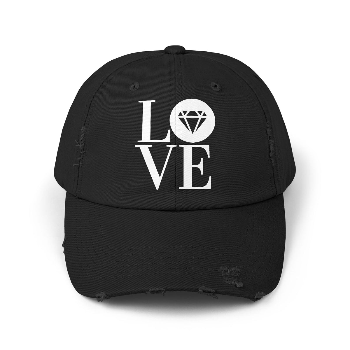 Unisex distressed cap in black with the Gemstone LOVE design