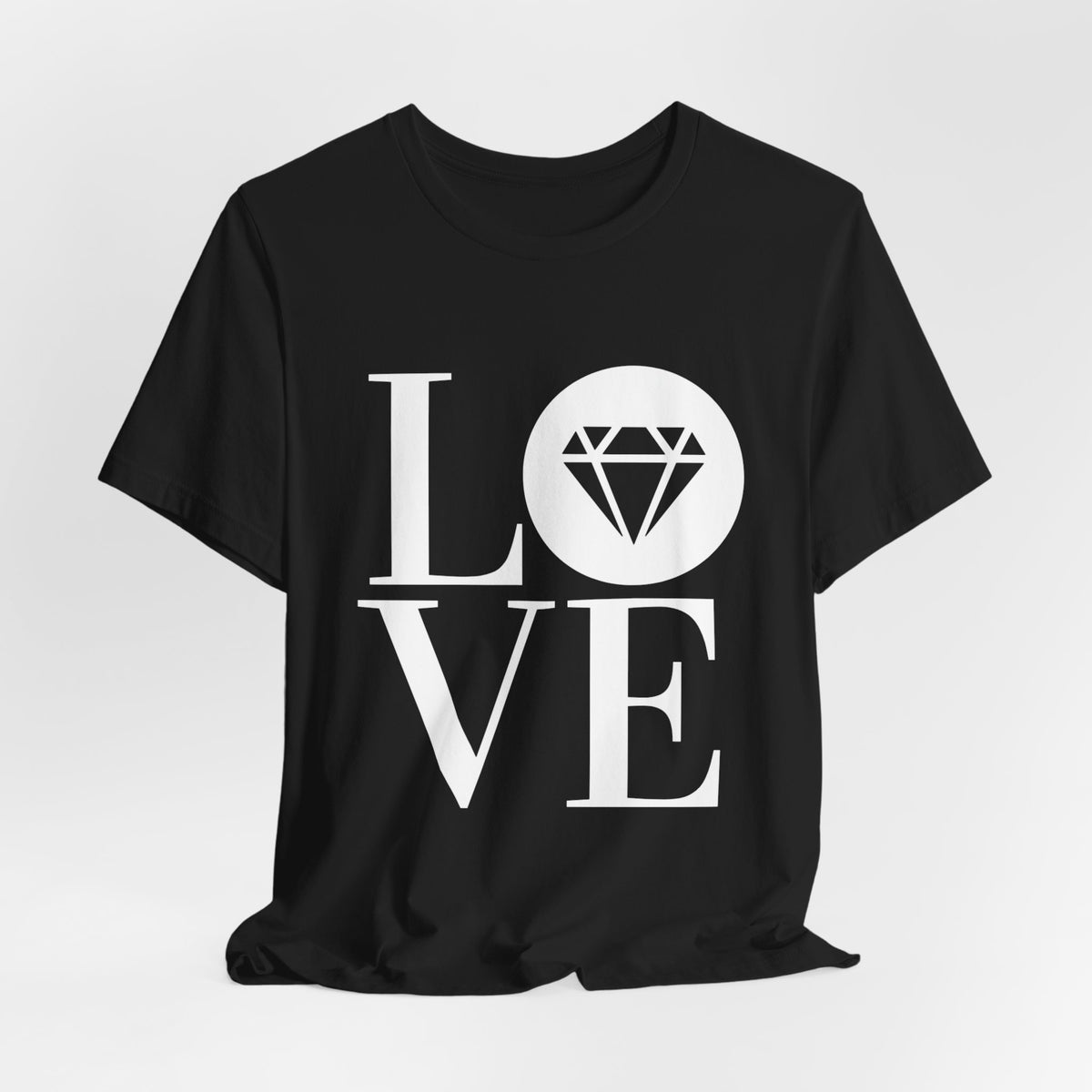 Unisex jersey graphic tee with the Gemstone LOVE design, additional color or view
