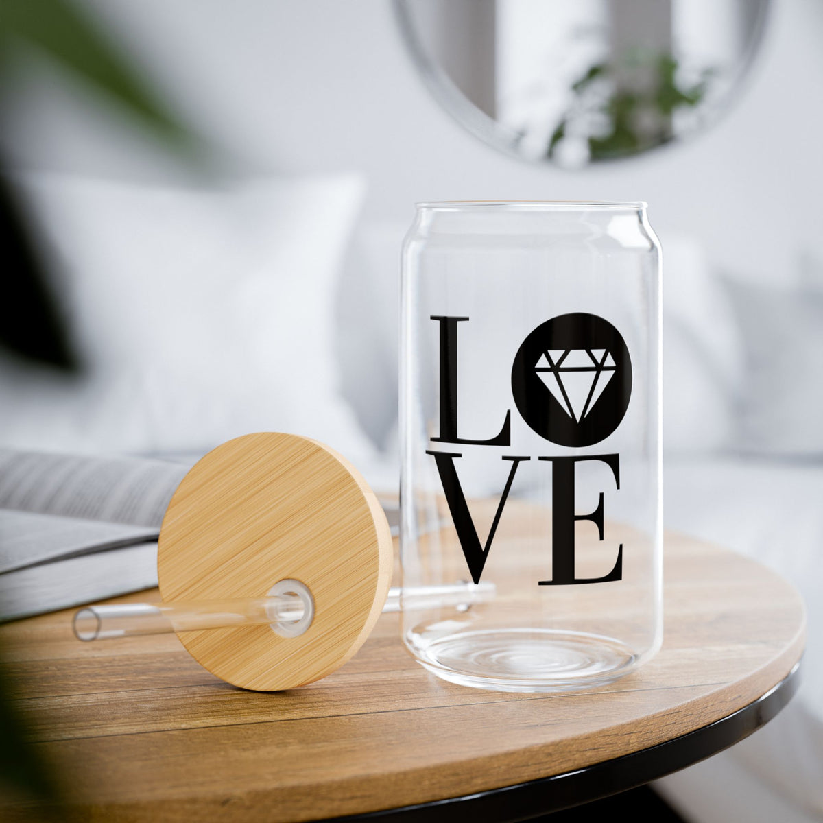 16oz Gemstone LOVE glass sipper cup with lid and straw, additional view
