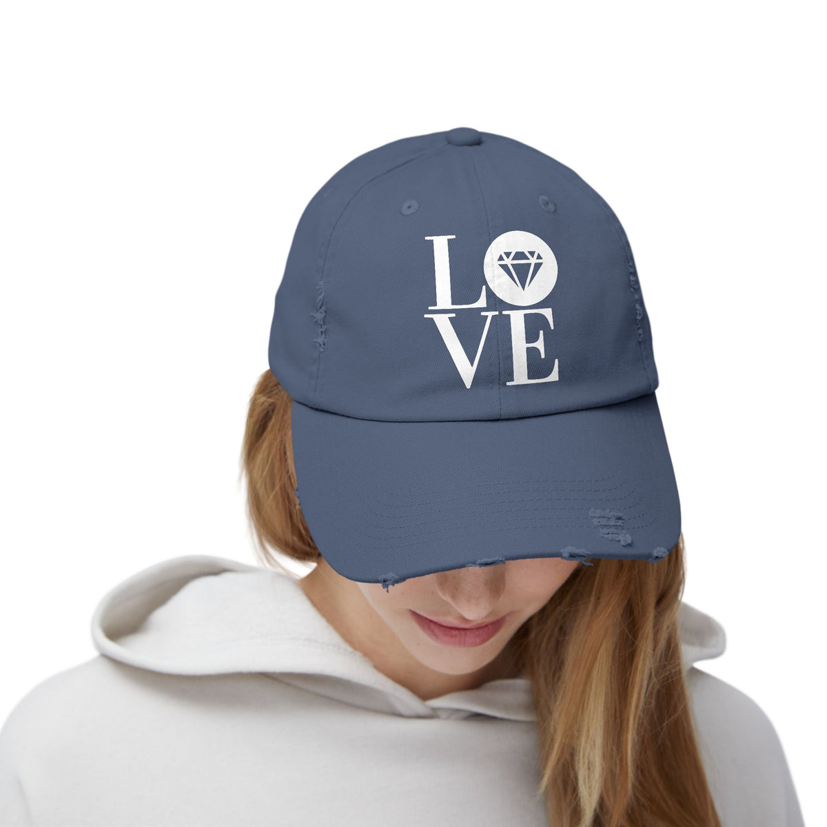 Unisex distressed cap with the Gemstone LOVE design, additional color or view