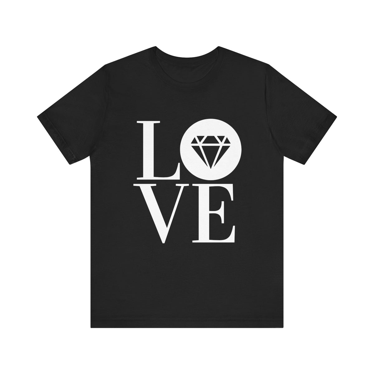 Unisex jersey graphic tee in black with the Gemstone LOVE design