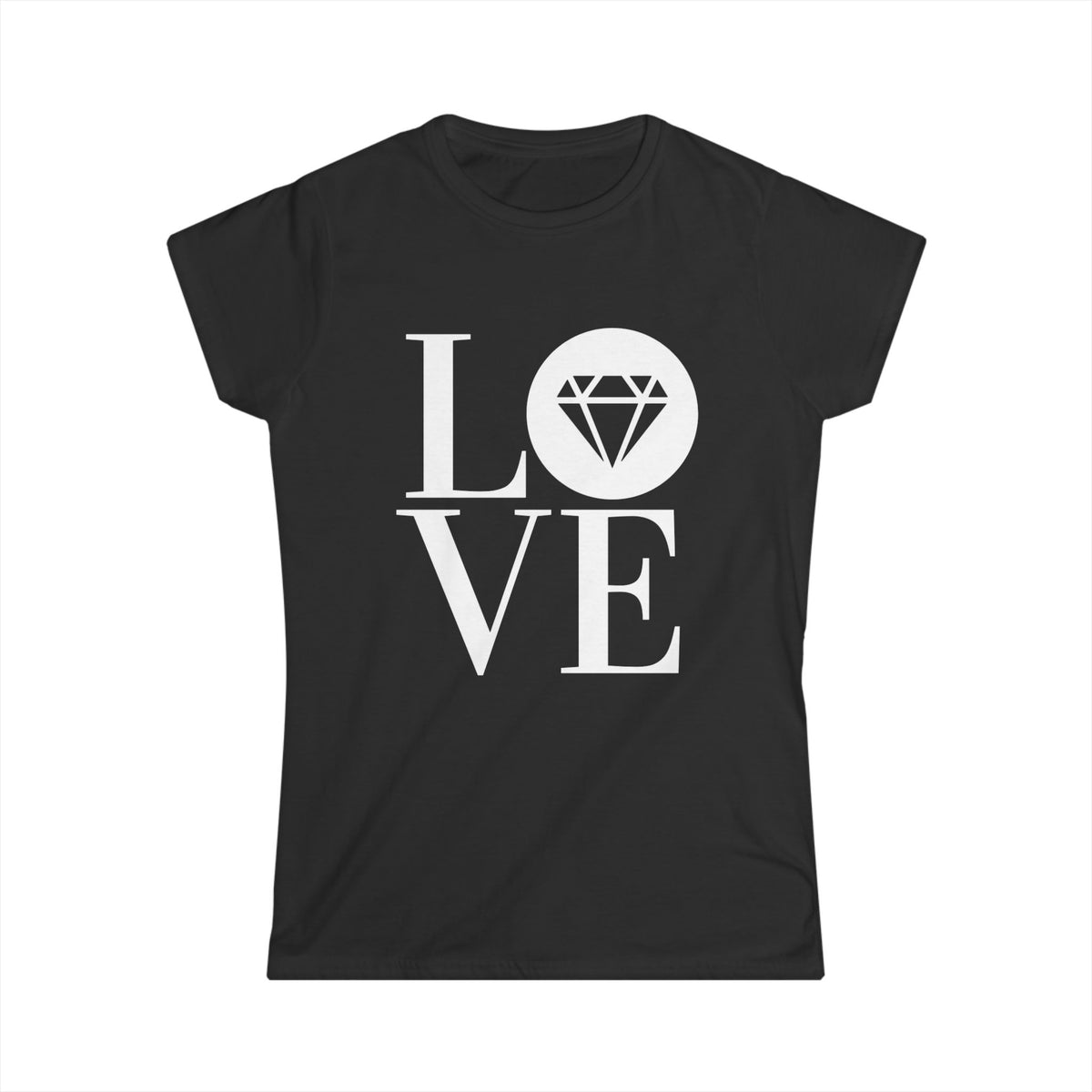 Women's softstyle tee in black with the Gemstone LOVE design