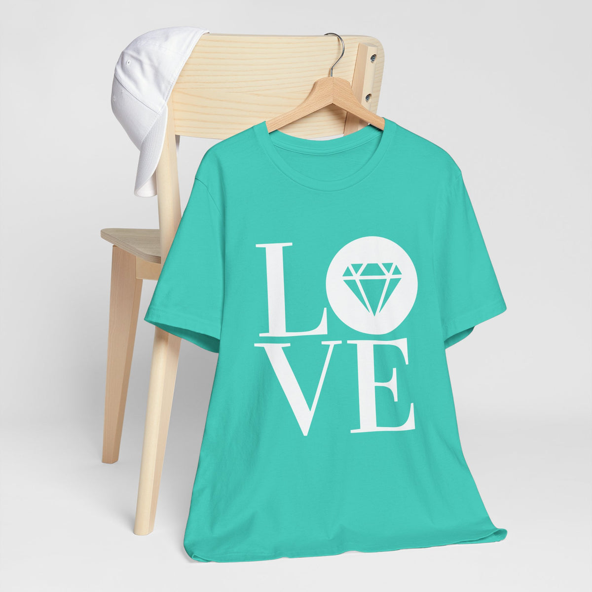 Unisex jersey graphic tee with the Gemstone LOVE design, additional color or view