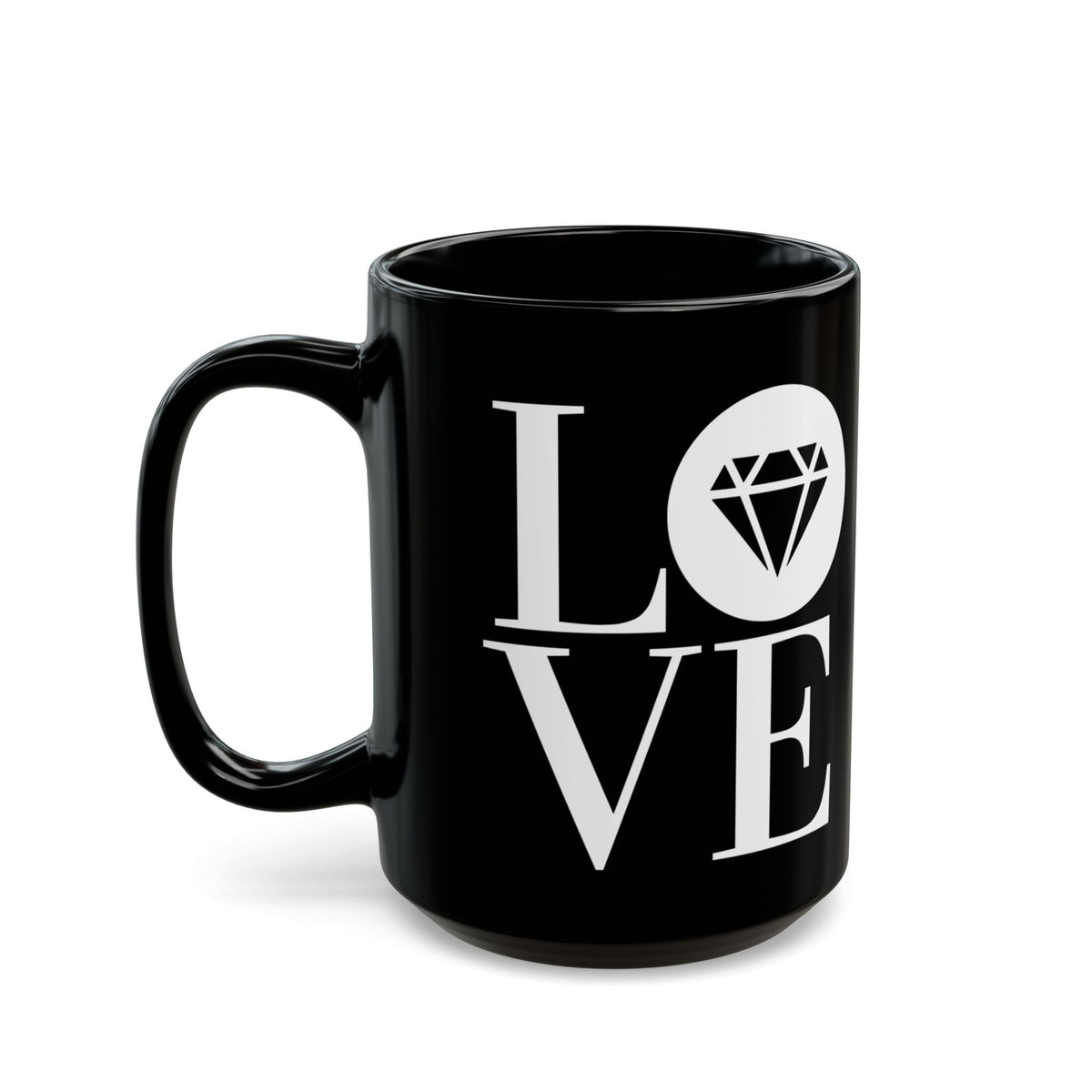 Glossy black 15oz ceramic mug with the Gemstone LOVE design