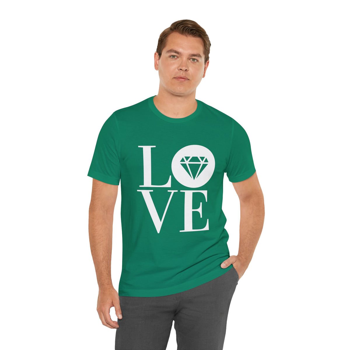 Unisex jersey graphic tee with the Gemstone LOVE design, additional color or view