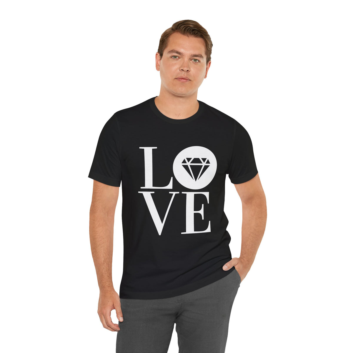 Unisex jersey graphic tee with the Gemstone LOVE design, additional color or view