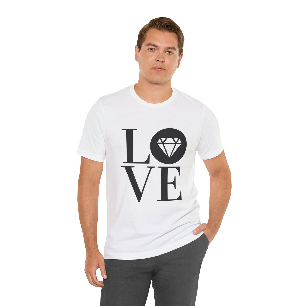 Unisex jersey graphic tee with the Gemstone LOVE design, additional color or view