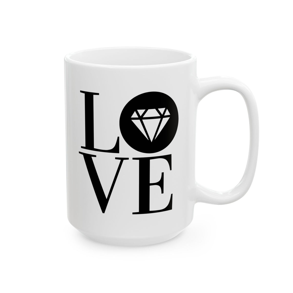 Glossy white 15oz ceramic mug with the Gemstone LOVE design