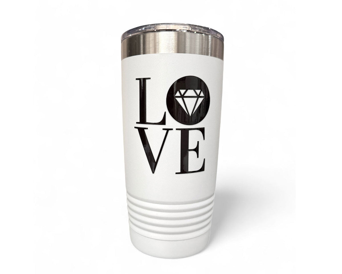 20oz white stainless steel insulated tumbler with the Gemstone LOVE design