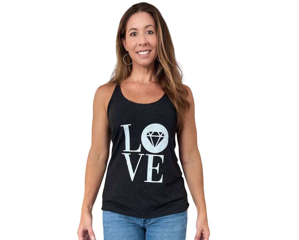 Women's tri-blend racerback tank in vintage black with the Gemstone LOVE design