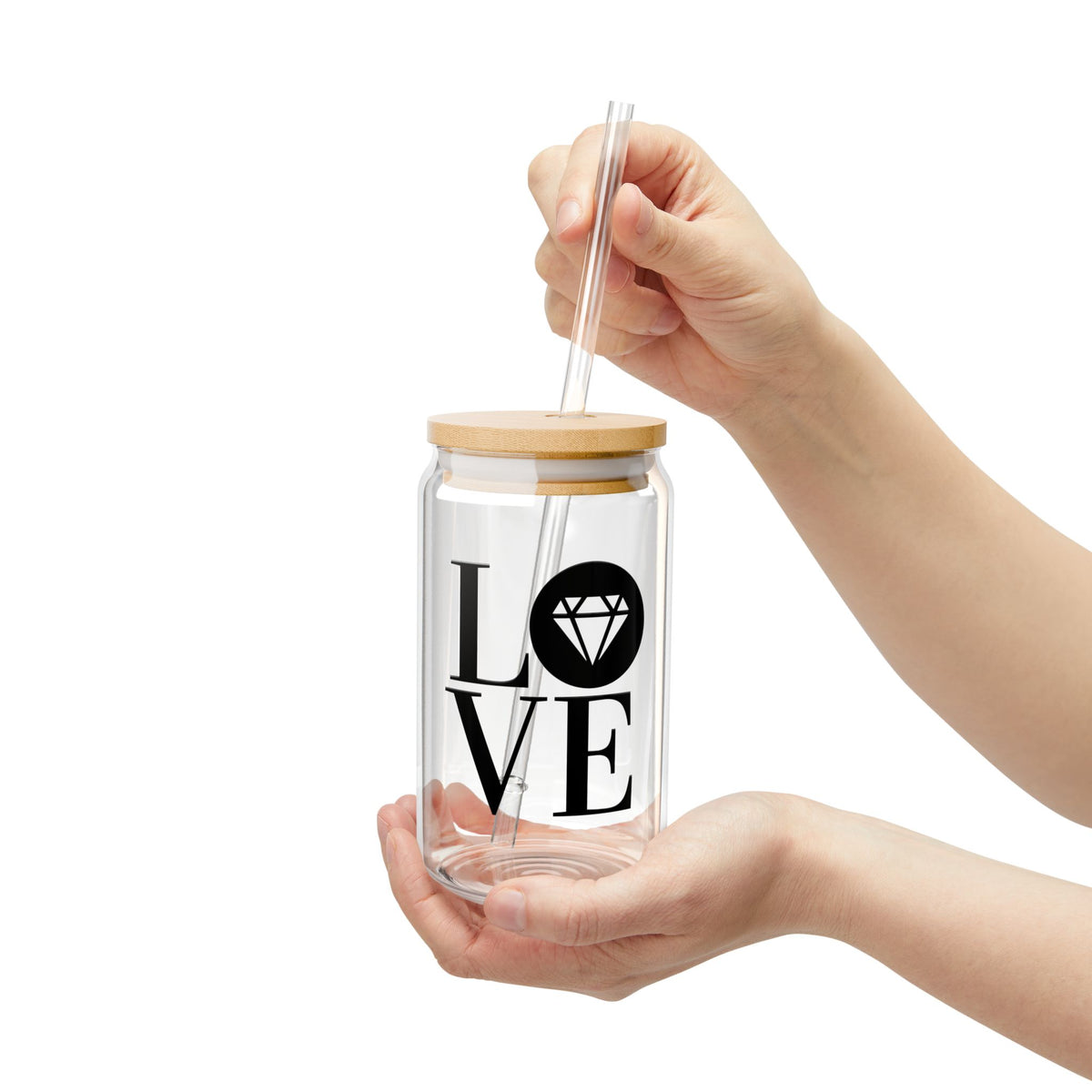 16oz Gemstone LOVE glass sipper cup with lid and straw