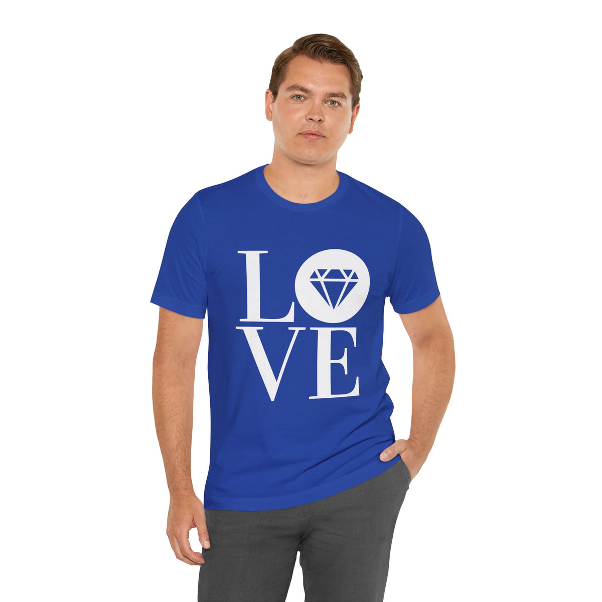 Unisex jersey graphic tee with the Gemstone LOVE design, additional color or view
