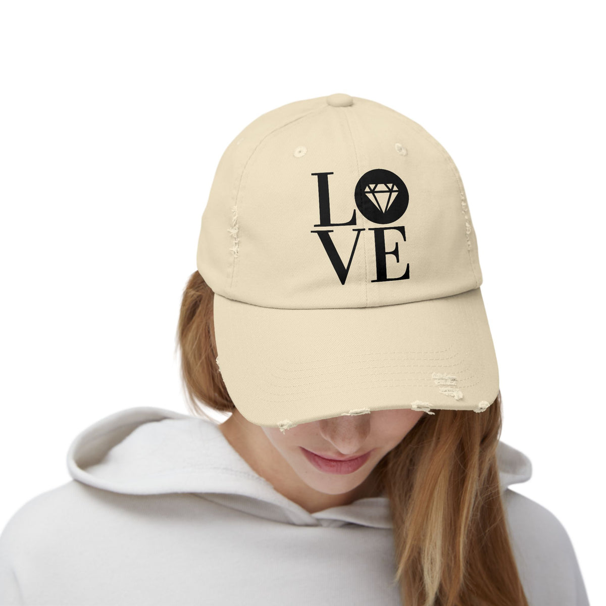 Unisex distressed cap with the Gemstone LOVE design, additional color or view