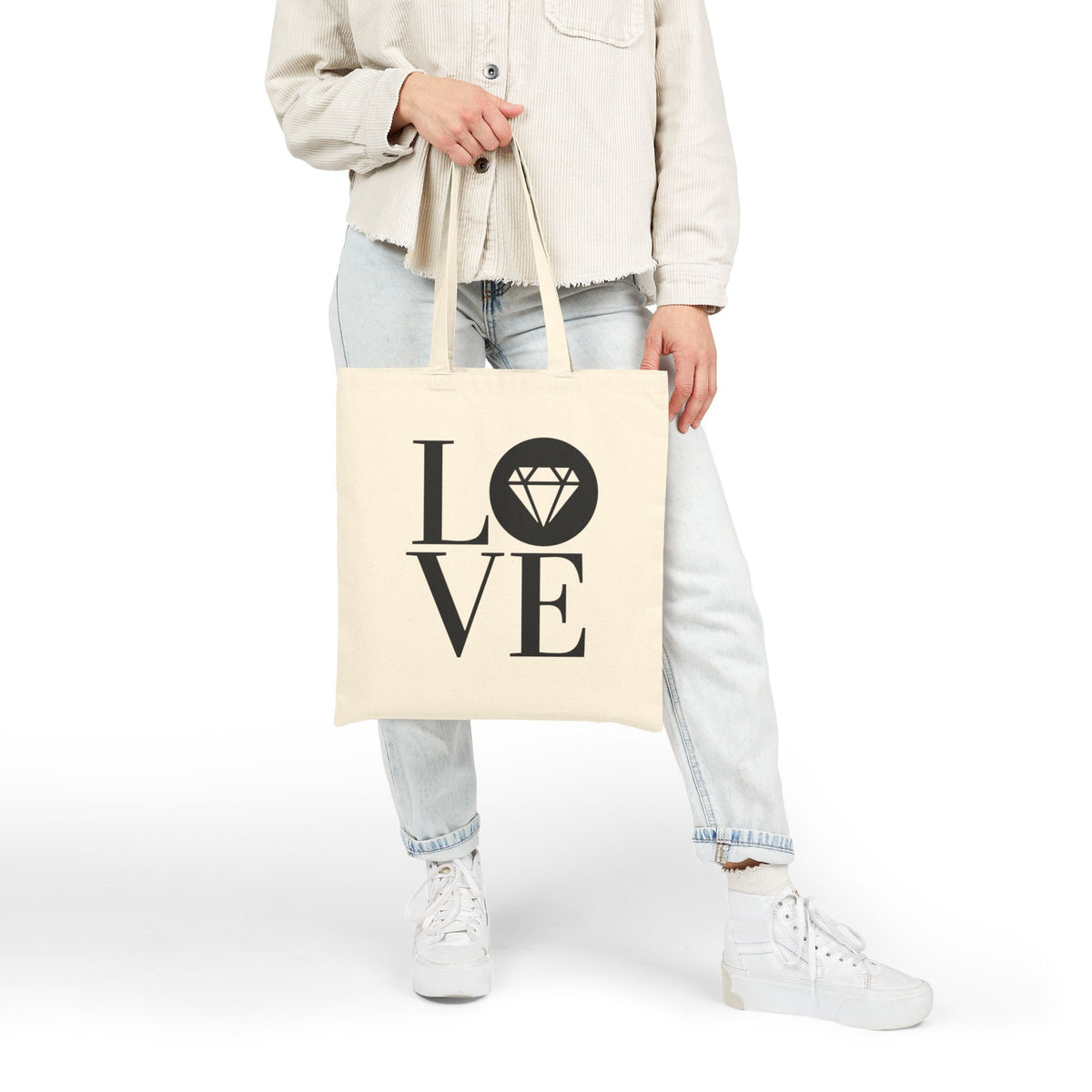 Gemstone Love cotton canvas tote bag with the Gemstone LOVE design, additional view