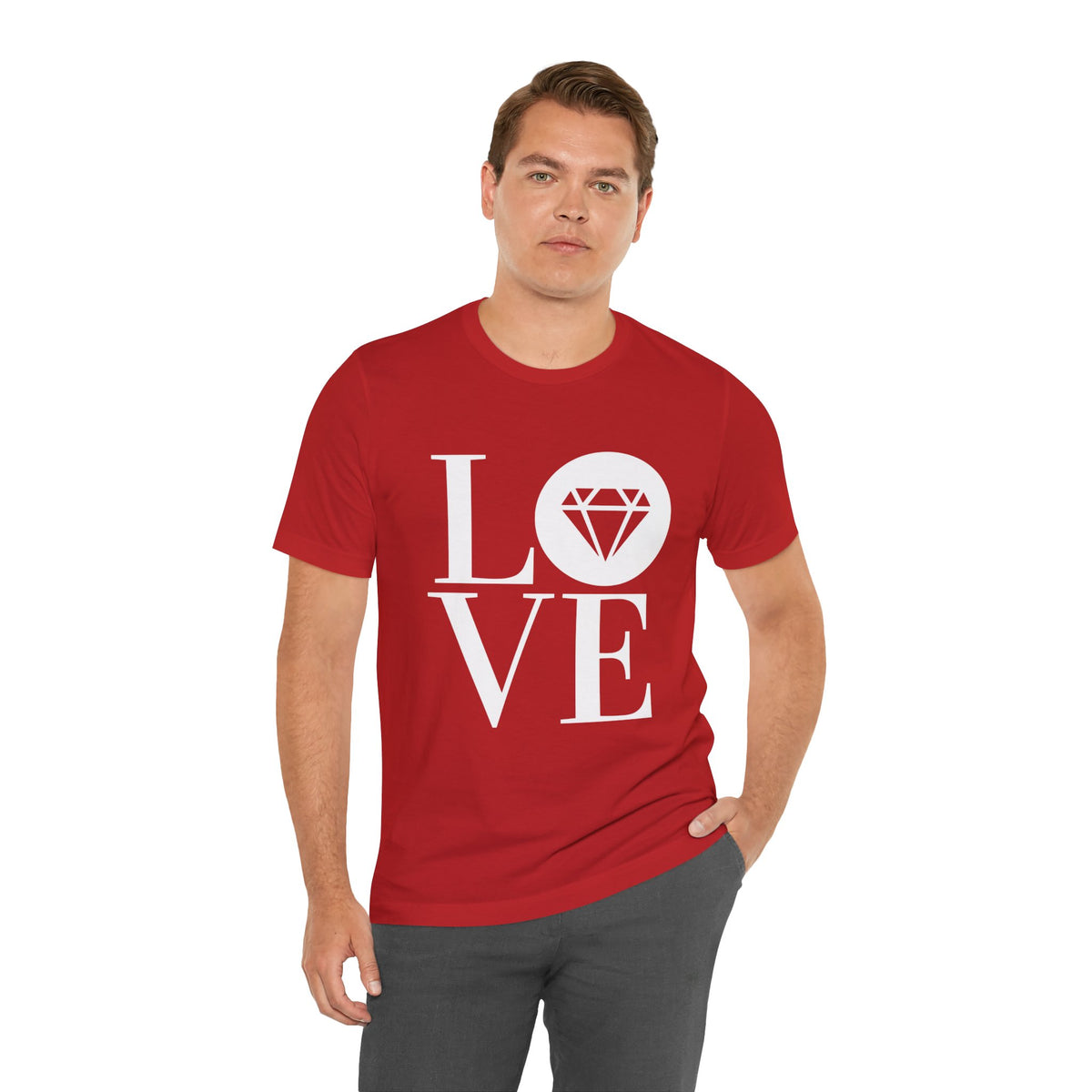 Unisex jersey graphic tee with the Gemstone LOVE design, additional color or view