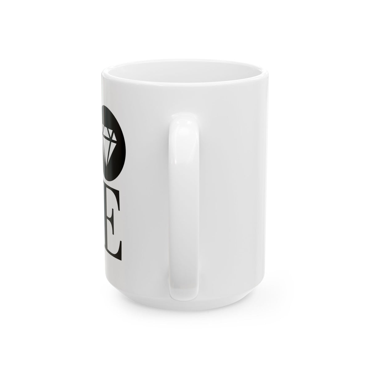 Glossy white 15oz ceramic mug with the Gemstone LOVE design, additional view