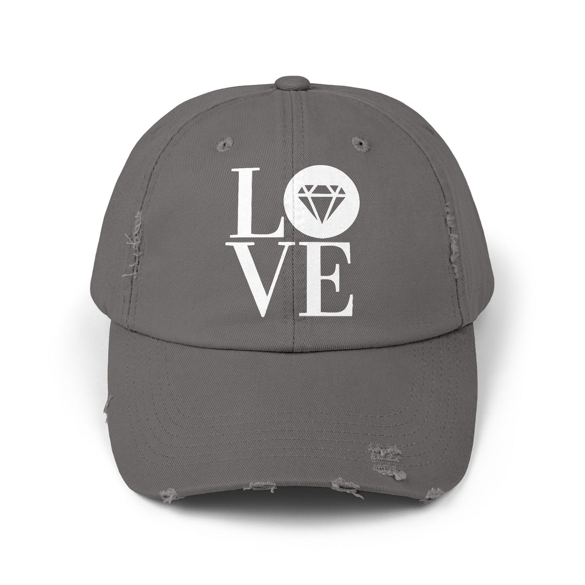 Unisex distressed cap in nickel gray with the Gemstone LOVE design