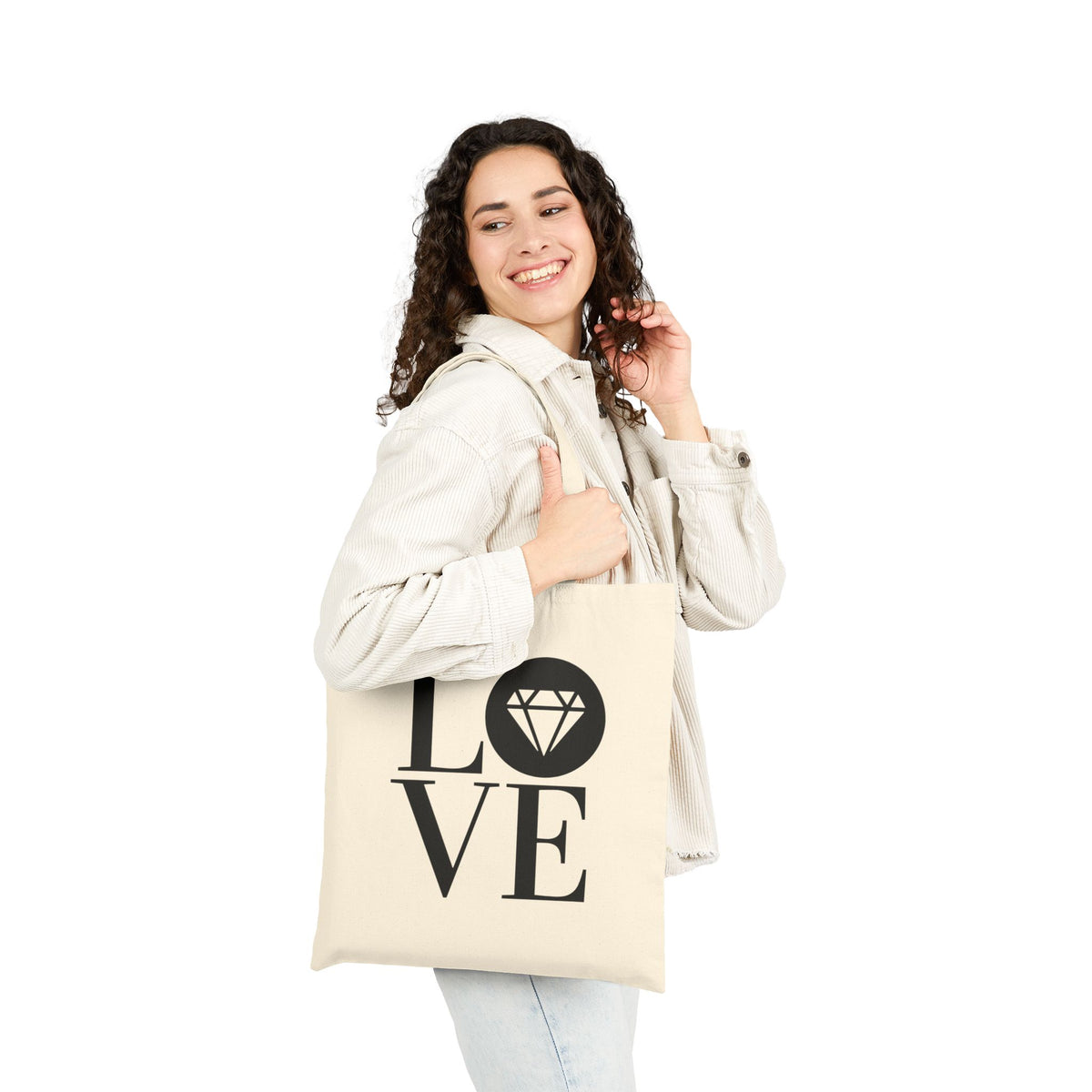 Gemstone Love cotton canvas tote bag with the Gemstone LOVE design, additional view
