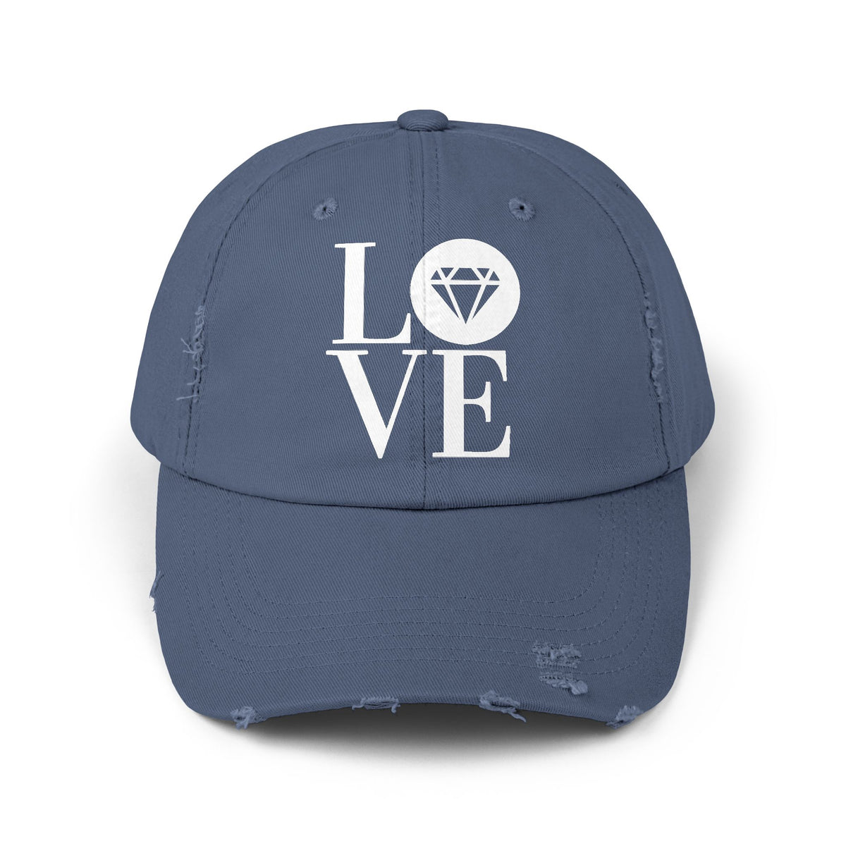 Unisex distressed cap in Scotland blue with the Gemstone LOVE design
