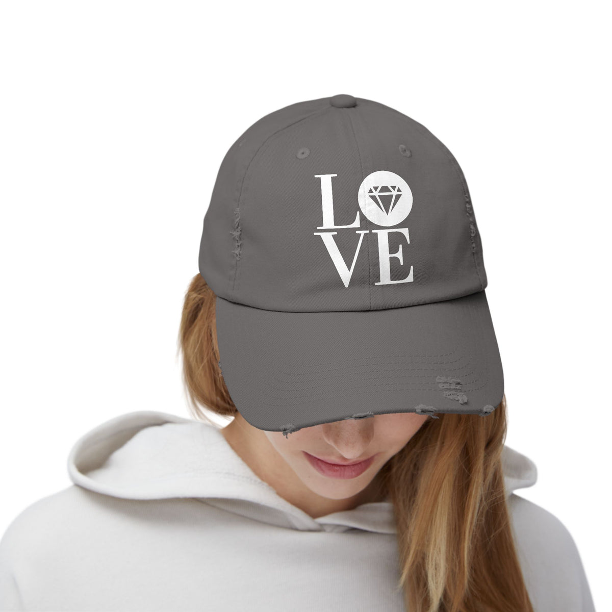 Unisex distressed cap with the Gemstone LOVE design, additional color or view