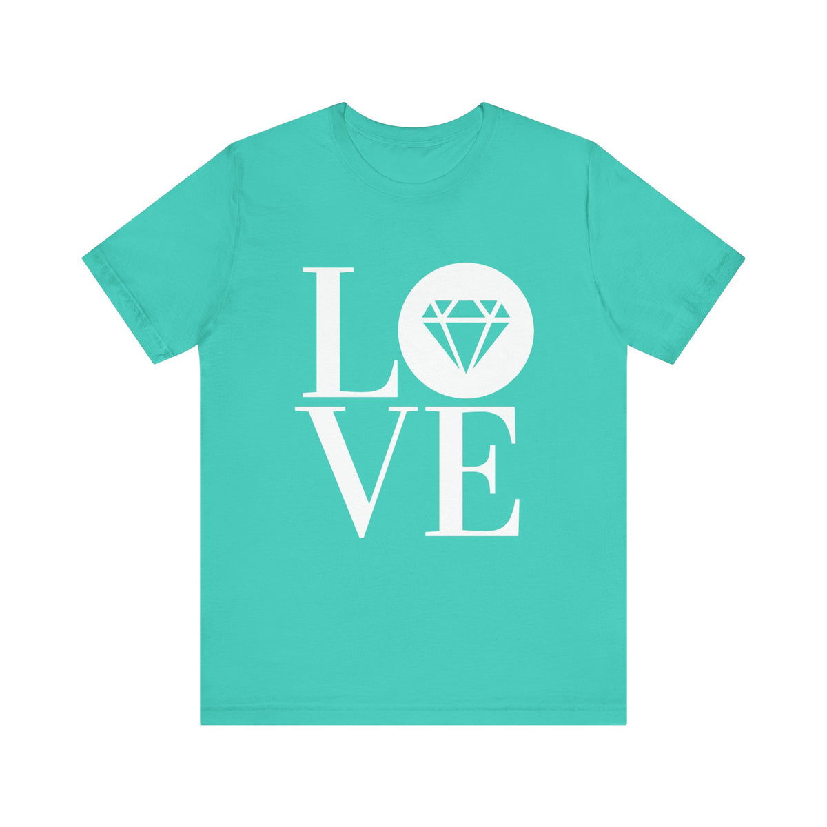Unisex jersey graphic tee in teal with the Gemstone LOVE design