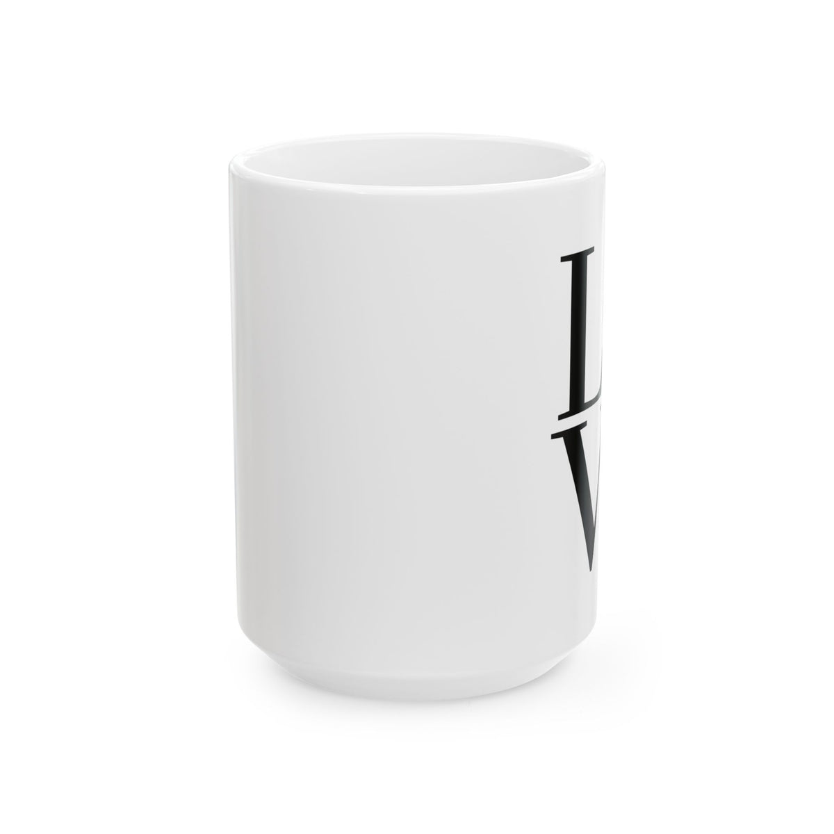 Glossy white 15oz ceramic mug with the Gemstone LOVE design, additional view