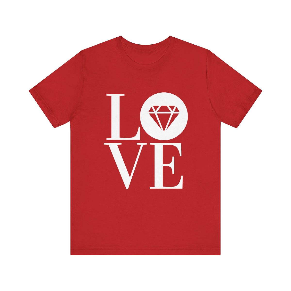 Unisex jersey graphic tee in red with the Gemstone LOVE design