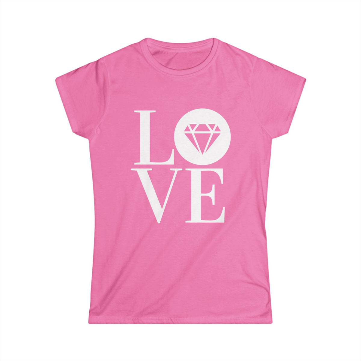 Women's softstyle tee in azalea pink with the Gemstone LOVE design