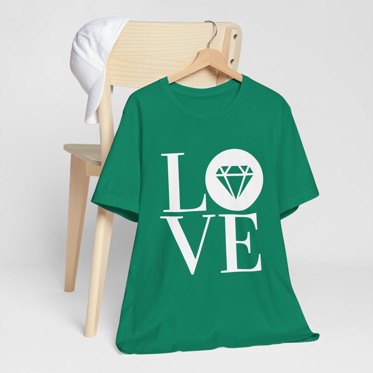 Unisex jersey graphic tee with the Gemstone LOVE design, additional color or view