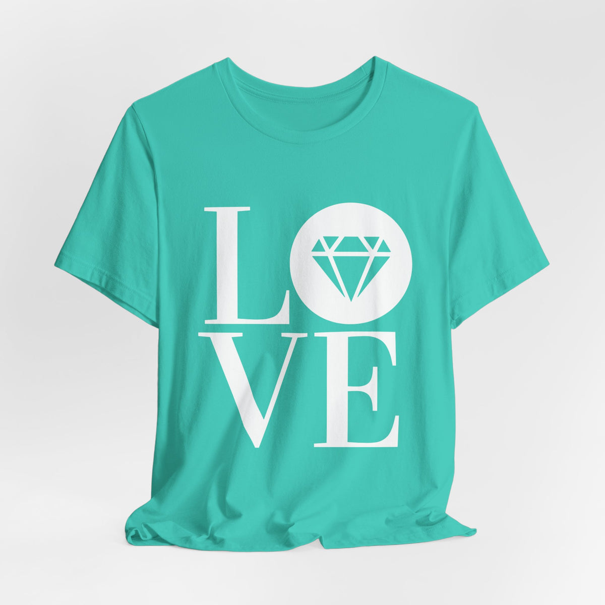 Unisex jersey graphic tee with the Gemstone LOVE design, additional color or view
