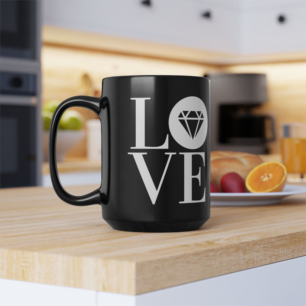 Glossy black 15oz ceramic mug with the Gemstone LOVE design, additional view
