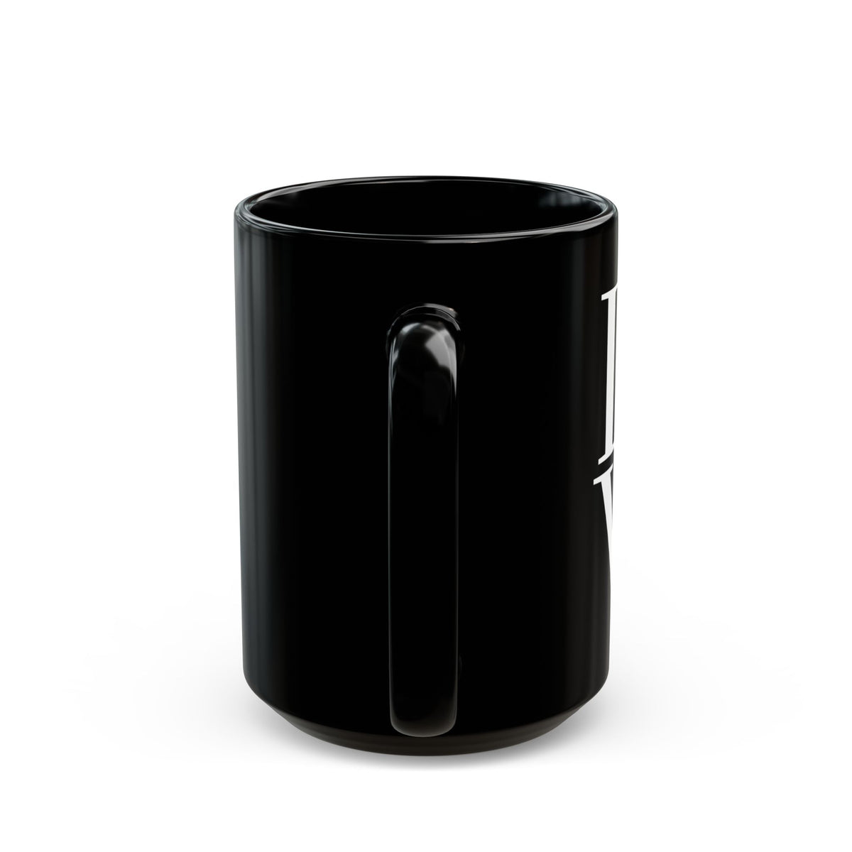 Glossy black 15oz ceramic mug with the Gemstone LOVE design, additional view