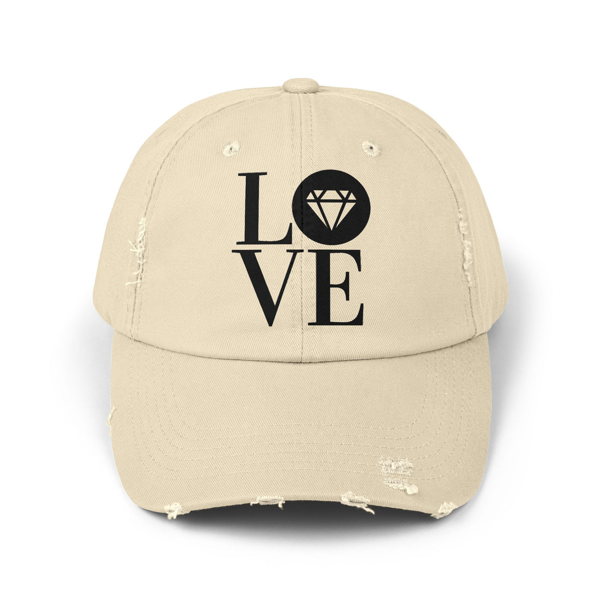 Unisex distressed cap in stone with the Gemstone LOVE design