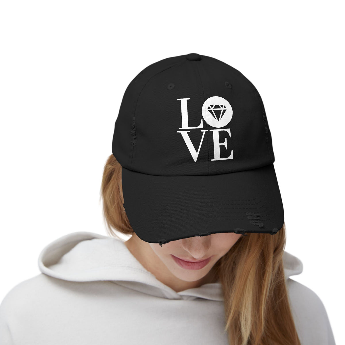 Unisex distressed cap with the Gemstone LOVE design, additional color or view