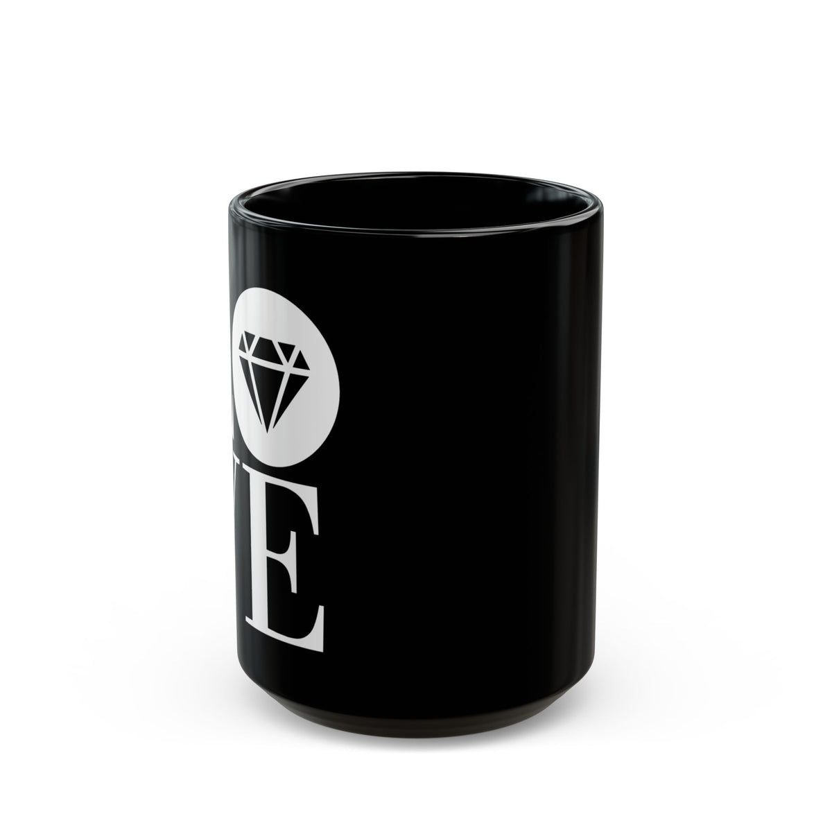 Glossy black 15oz ceramic mug with the Gemstone LOVE design, additional view