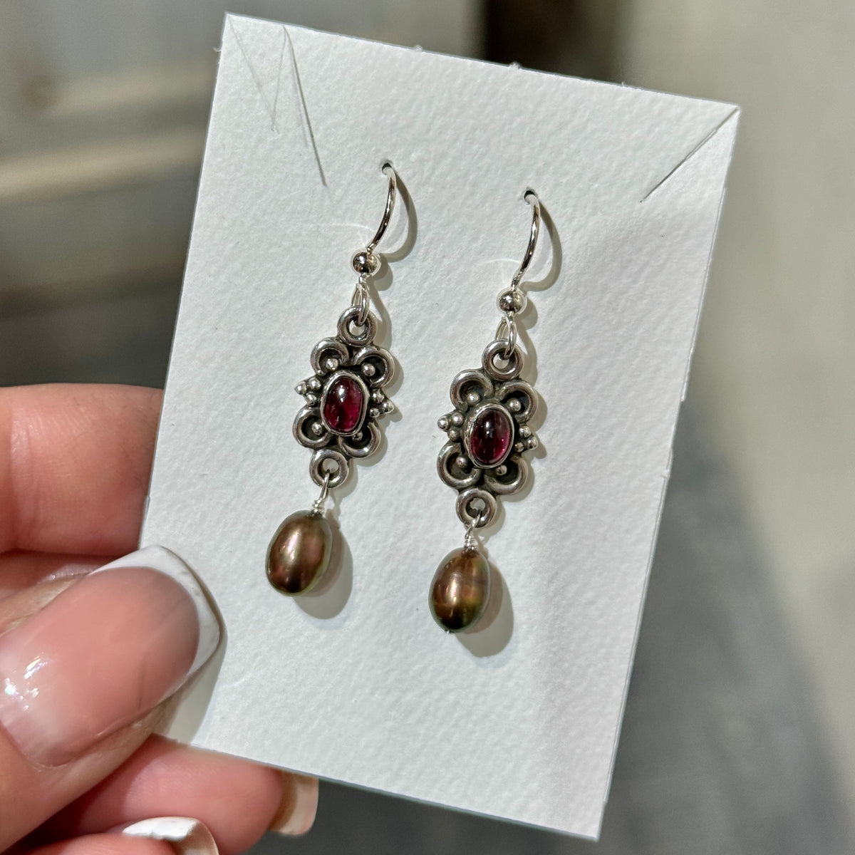 Sterling silver drop earrings with smooth red garnet cabochons and freshwater pearls, oxidized details