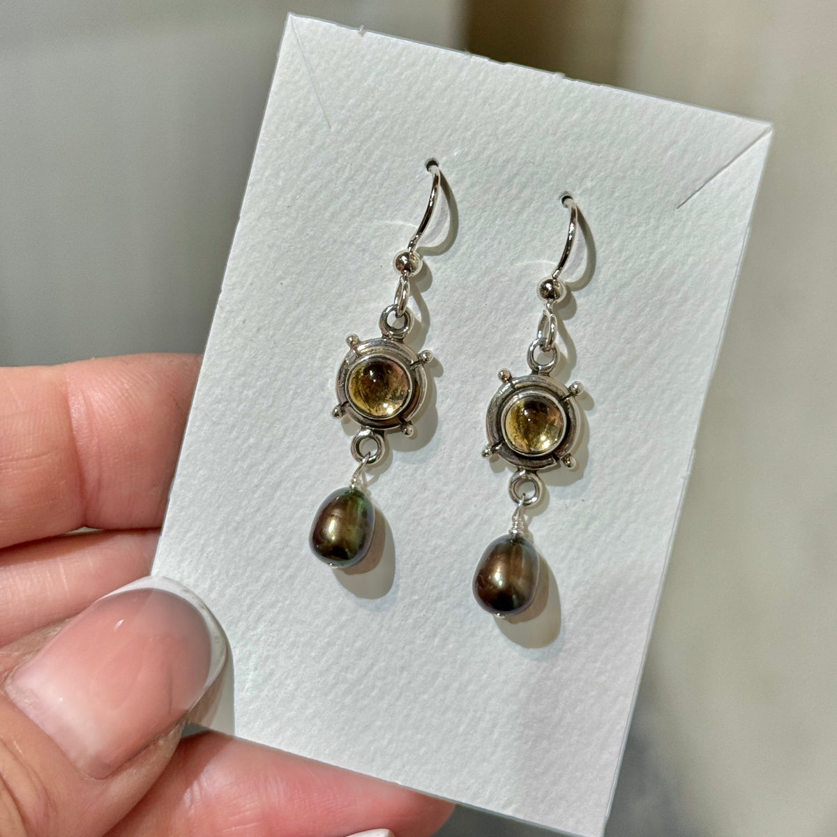 Sterling silver drop earrings with round yellow citrine cabochons and freshwater pearls, oxidized details