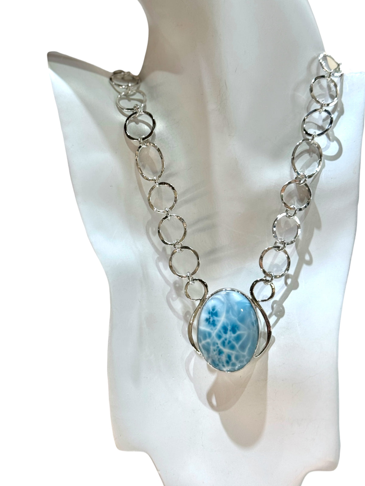 Alternate view of the larimar statement necklace with hand-fabricated silver links