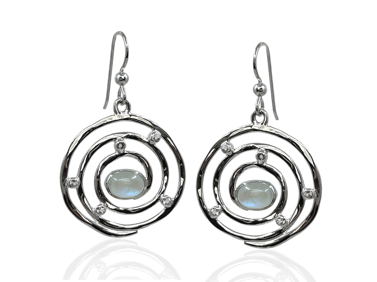 Pair of Eye of the Storm moonstone earrings in sterling silver with sparkling white topaz accents