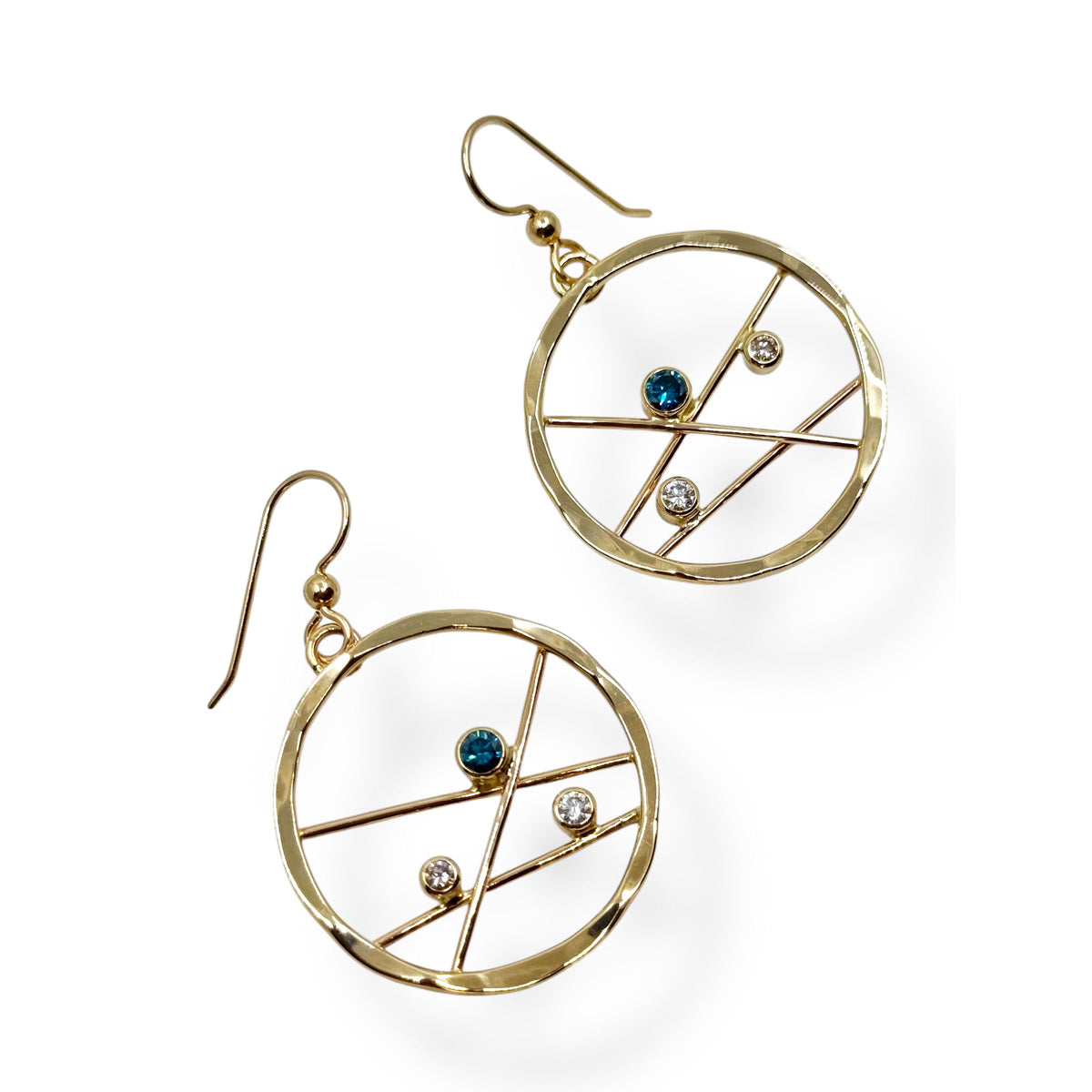 Pair of hammered gold hoop earrings with sparkling blue, white and champagne diamonds
