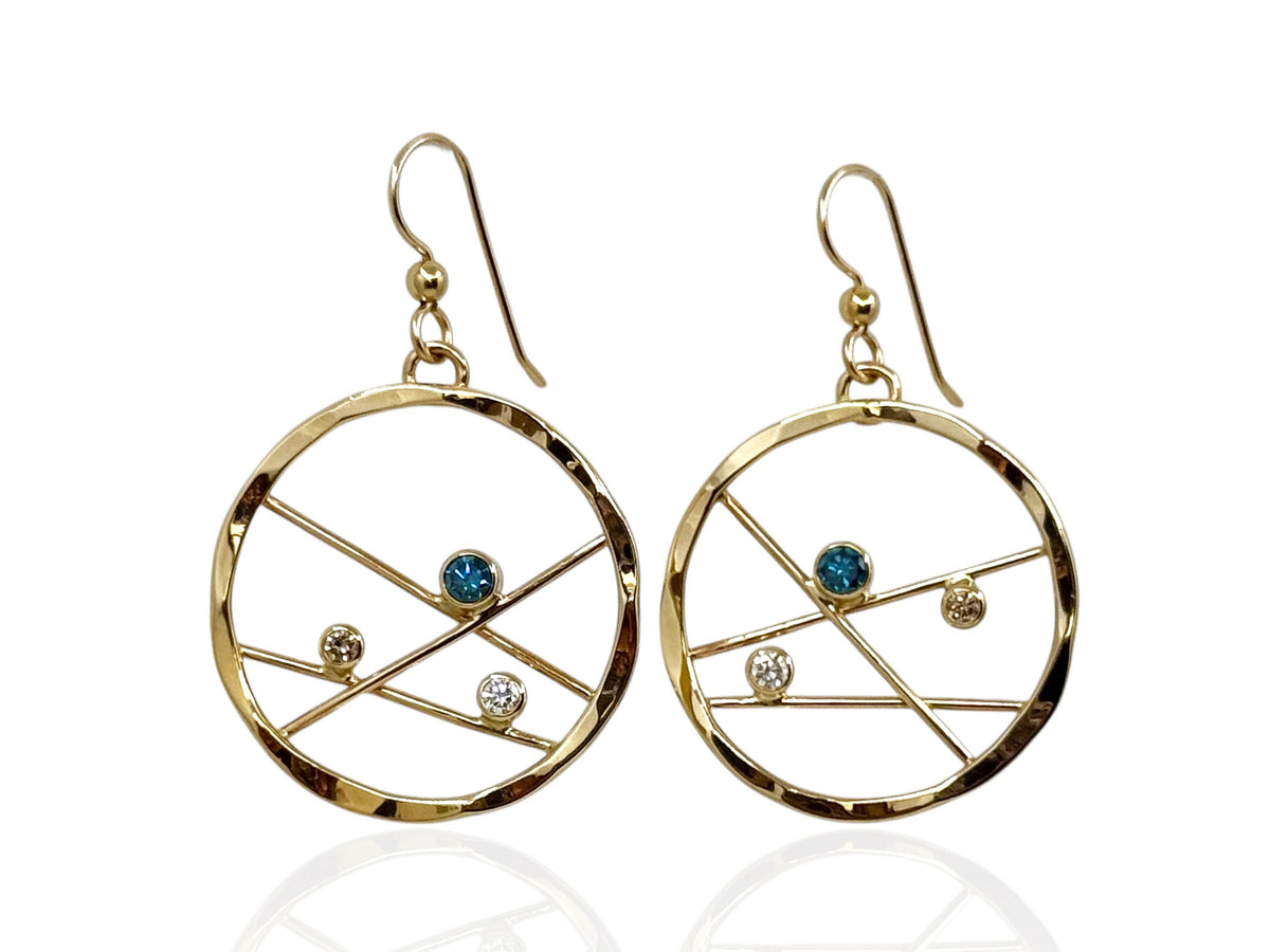 Hammered 14kt yellow gold gem catcher hoop earrings set with blue, white and champagne diamonds
