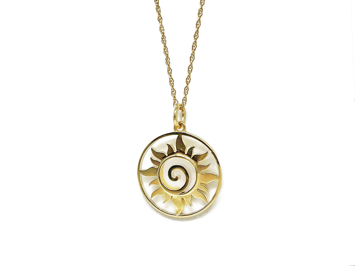 Another angle of the small yellow gold sun medallion pendant
