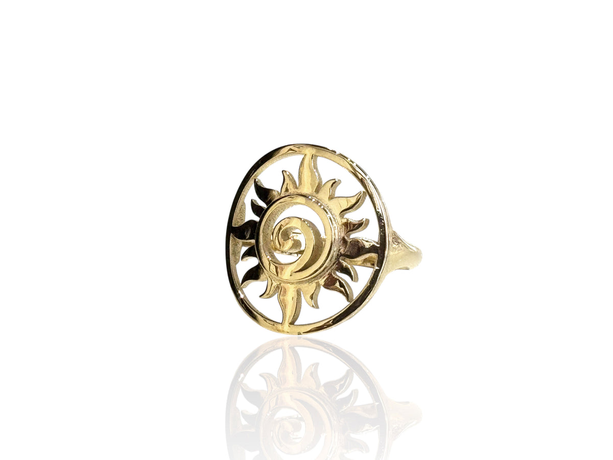 Solid 14kt yellow gold sun swirl ring with rays spiraling around the center