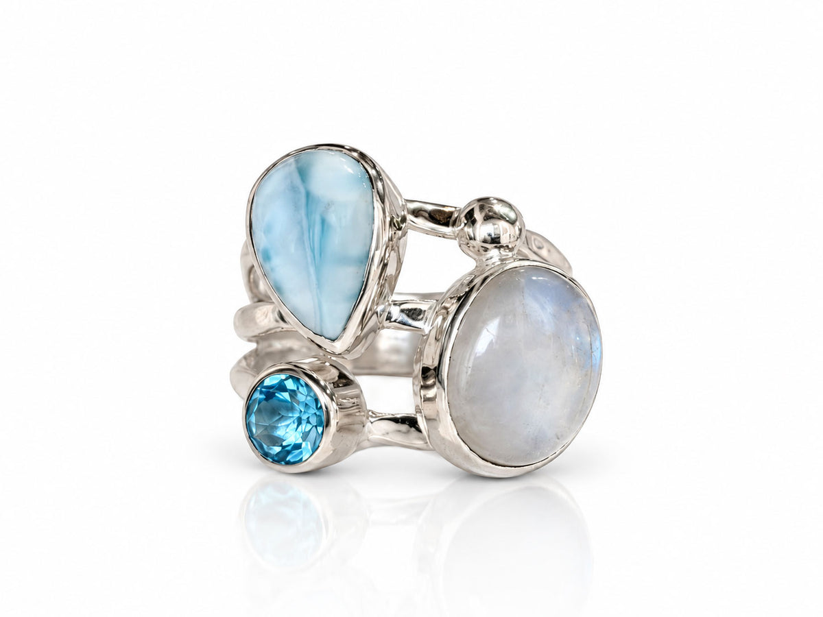 Three-stone sterling silver statement ring with Caribbean larimar, moonstone and blue topaz