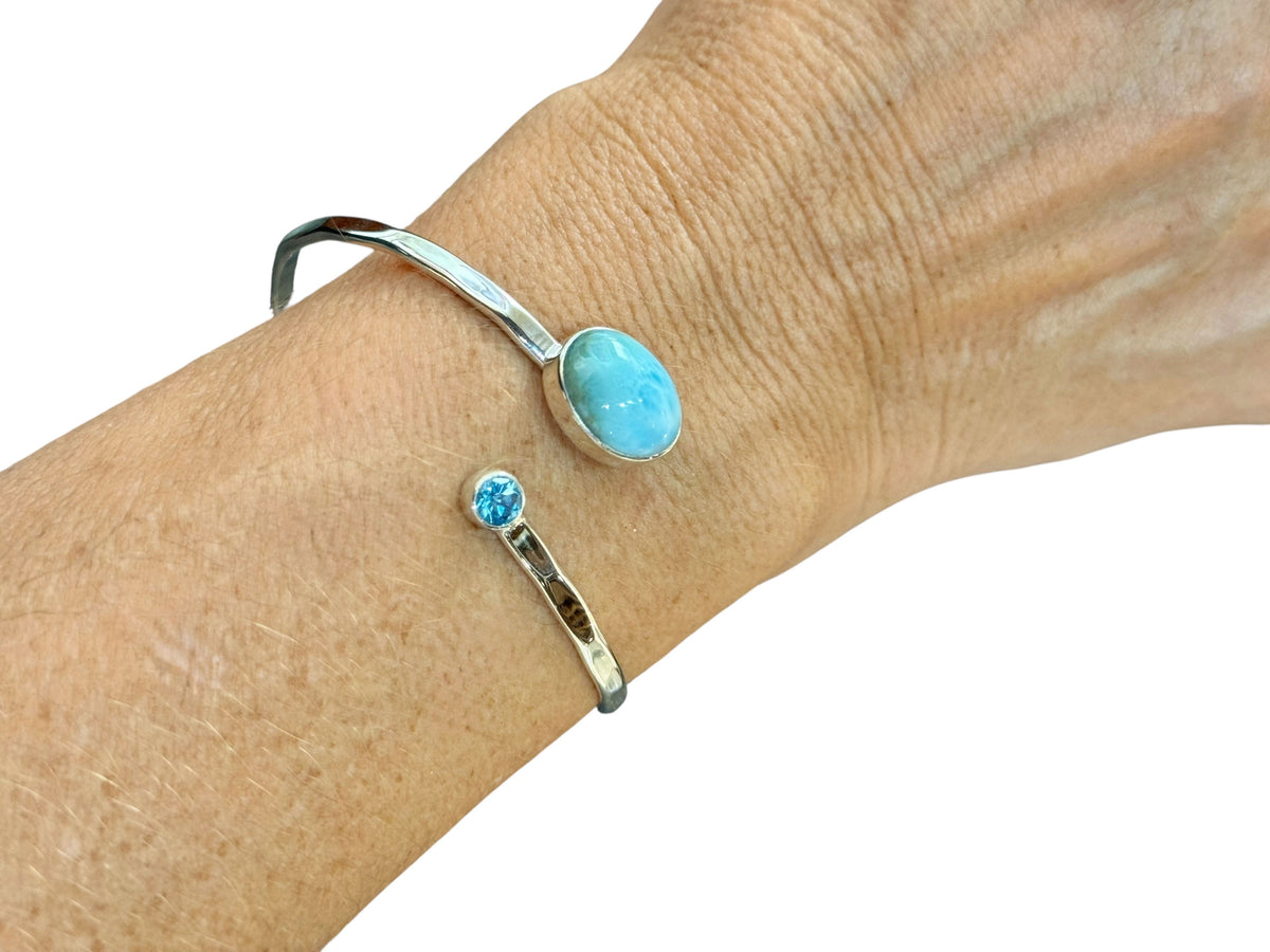 Alternate view of the oval larimar and Swiss blue topaz open cuff bracelet in silver