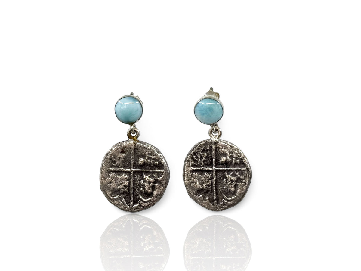 Caribbean larimar stud earrings in sterling silver with dangling reproduction Spanish treasure coins