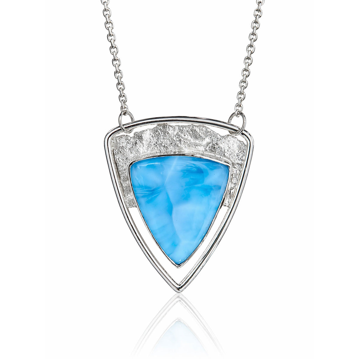 Triangle-shaped blue Caribbean larimar statement necklace framed in rippled, reticulated sterling silver