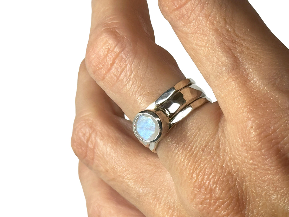 Alternate view of the rainbow moonstone silver stack ring